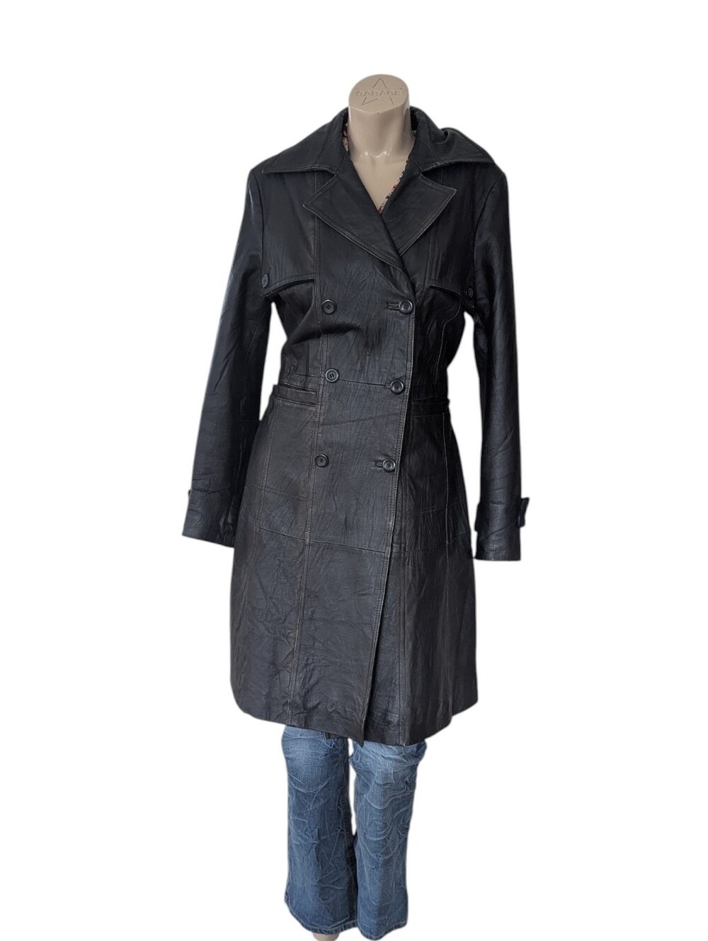 Snap Black Double-Breasted Leather Trench Coat
